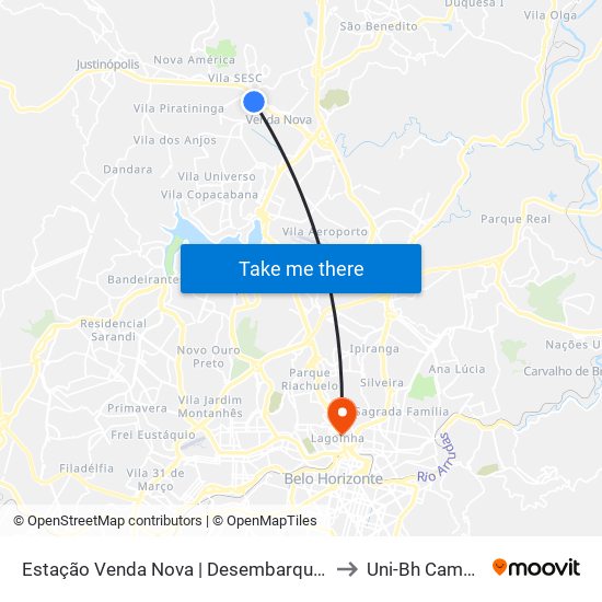 Estação Venda Nova | Desembarque (Linhas Encerrando Viagem) to Uni-Bh Campus Lagoinha map