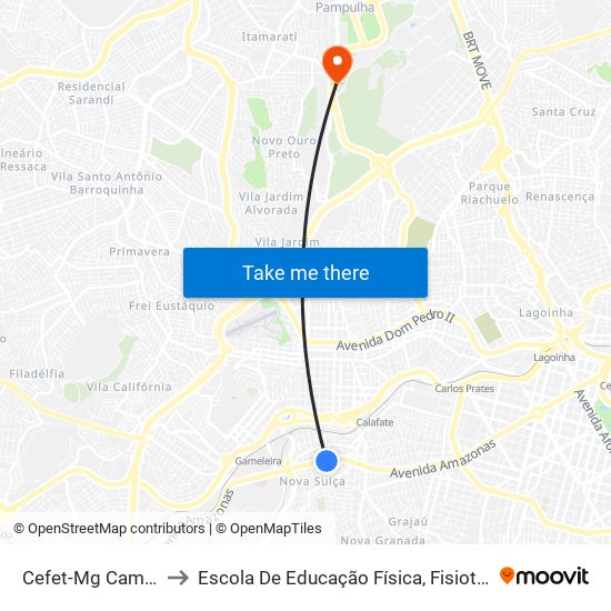 Cefet-Mg Campus I - Ponto 1 to Escola De Educação Física, Fisioterapia E Terapia Ocupacional map