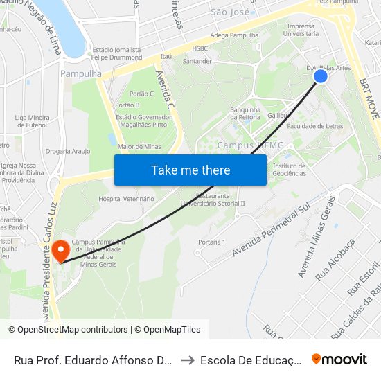 Rua Prof. Eduardo Affonso De Moraes | Eba (Escola De Belas Artes) - Sentido Escola De Música to Escola De Educação Física, Fisioterapia E Terapia Ocupacional map