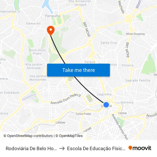 Rodoviária De Belo Horizonte | Pátio Externo - Ponto 2 to Escola De Educação Física, Fisioterapia E Terapia Ocupacional map