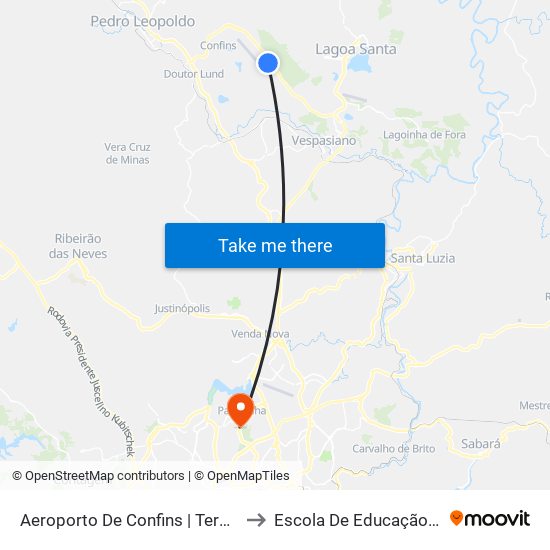 Aeroporto De Confins | Terminal De Cargas - Sentido Belo Horizonte/Lagoa Santa to Escola De Educação Física, Fisioterapia E Terapia Ocupacional map