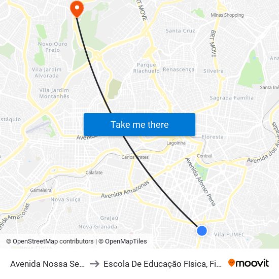 Avenida Nossa Senhora Do Carmo 289 to Escola De Educação Física, Fisioterapia E Terapia Ocupacional map