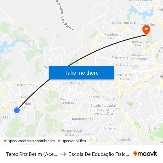 Terex Ritz Betim (Acesso Para A Lear/Paulo Camilo) to Escola De Educação Física, Fisioterapia E Terapia Ocupacional map