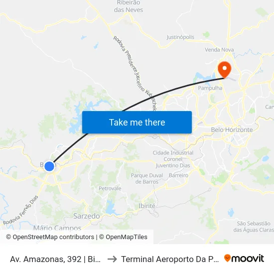 Av. Amazonas, 392 | Biquinha A to Terminal Aeroporto Da Pampulha map