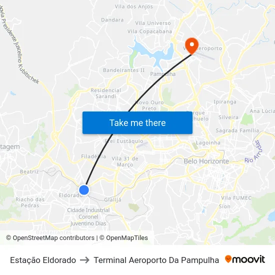 Estação Eldorado to Terminal Aeroporto Da Pampulha map