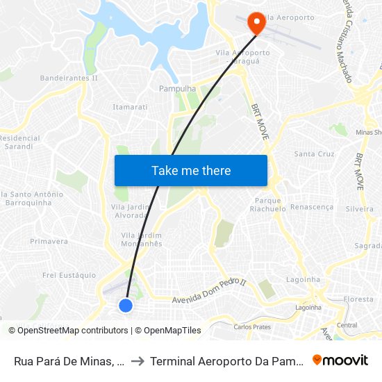 Rua Pará De Minas, 684 to Terminal Aeroporto Da Pampulha map