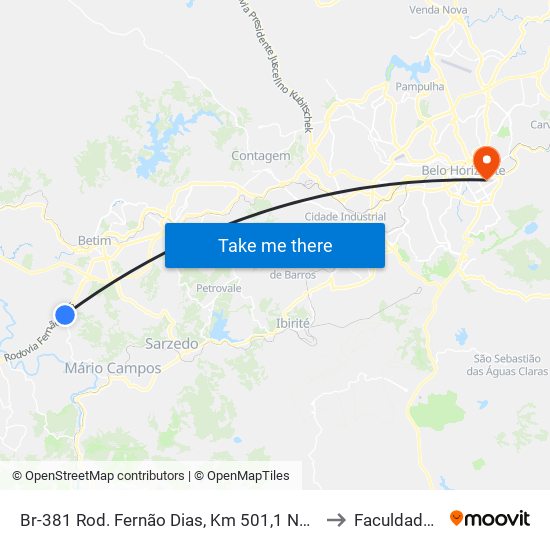 Br-381 Rod. Fernão Dias, Km 501,1 Norte | Entr. Amg-0155 Para Mário Campos to Faculdade De Medicina map