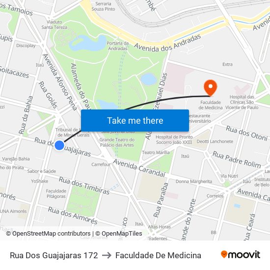 Rua Dos Guajajaras 172 to Faculdade De Medicina map