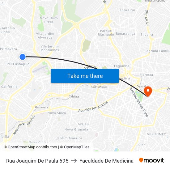 Rua Joaquim De Paula 695 to Faculdade De Medicina map