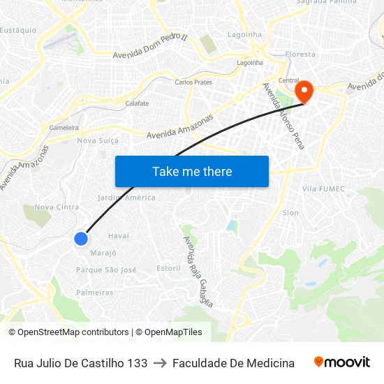 Rua Julio De Castilho 133 to Faculdade De Medicina map