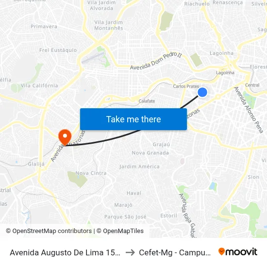 Avenida Augusto De Lima 1504 to Cefet-Mg - Campus II map