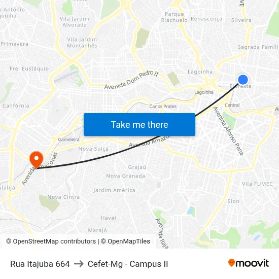 Rua Itajuba 664 to Cefet-Mg - Campus II map