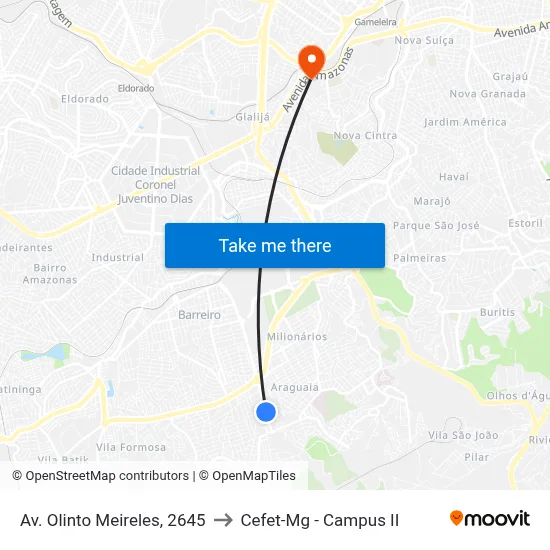 Av. Olinto Meireles, 2645 to Cefet-Mg - Campus II map