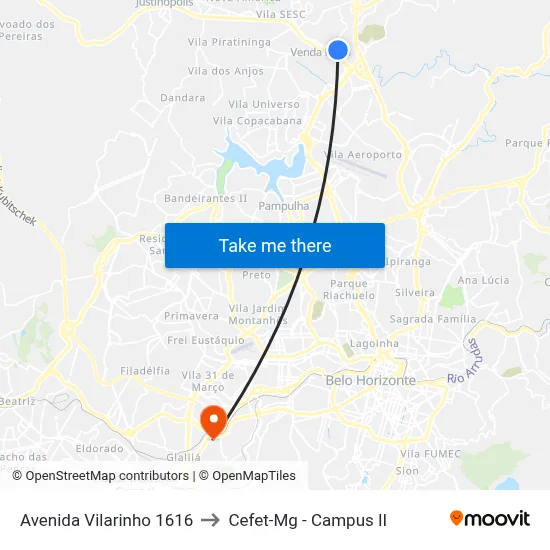 Avenida Vilarinho 1616 to Cefet-Mg - Campus II map