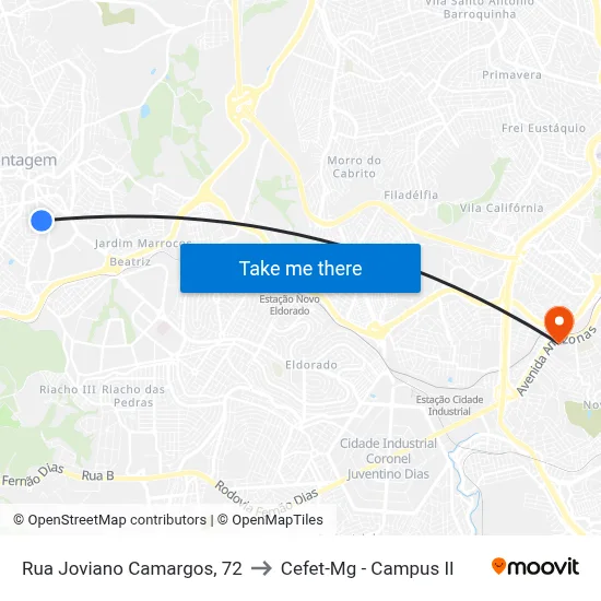 Rua Joviano Camargos, 72 to Cefet-Mg - Campus II map