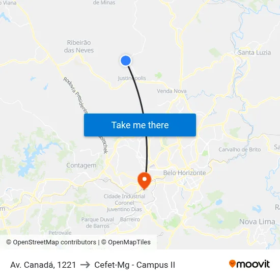 Av. Canadá, 1221 to Cefet-Mg - Campus II map
