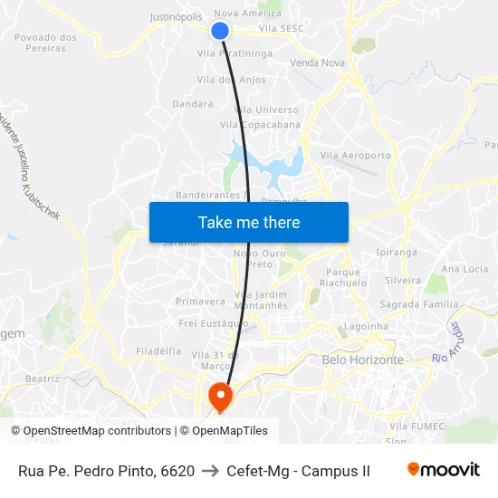 Rua Pe. Pedro Pinto, 6620 to Cefet-Mg - Campus II map