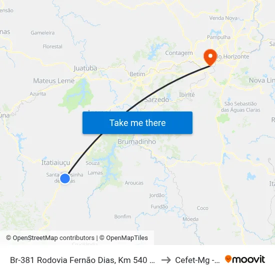 Br-381 Rodovia Fernão Dias, Km 540 Sul | Santa Terezinha De Minas to Cefet-Mg - Campus II map
