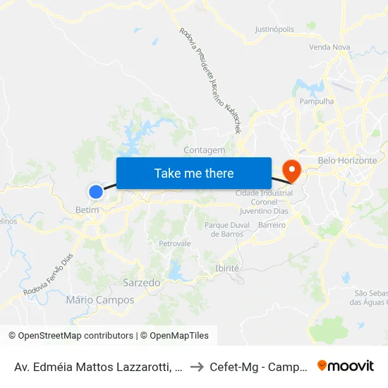 Av. Edméia Mattos Lazzarotti, 3643 to Cefet-Mg - Campus II map