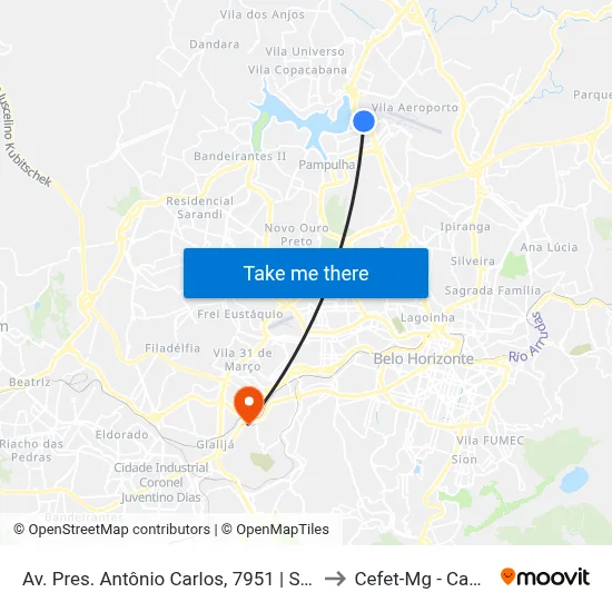 Av. Pres. Antônio Carlos, 7951 | Santa Rosa 2 to Cefet-Mg - Campus II map