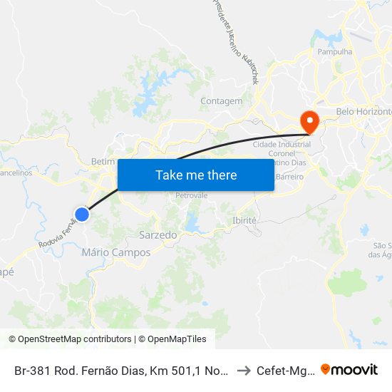 Br-381 Rod. Fernão Dias, Km 501,1 Norte | Entr. Amg-0155 Para Mário Campos to Cefet-Mg - Campus II map