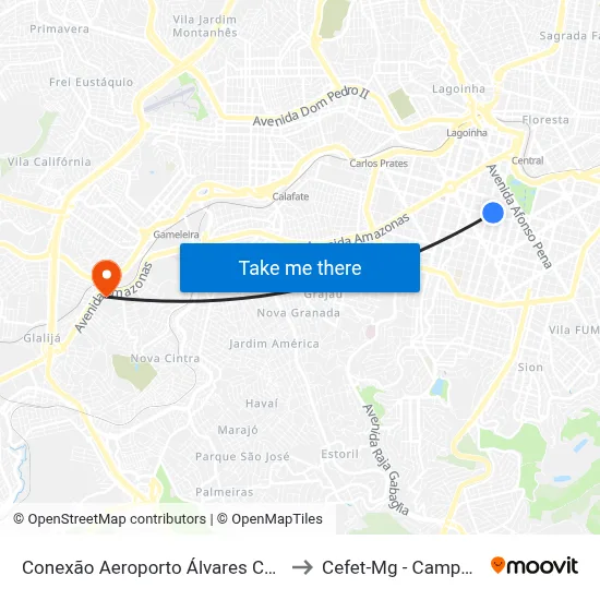 Conexão Aeroporto Álvares Cabral to Cefet-Mg - Campus II map