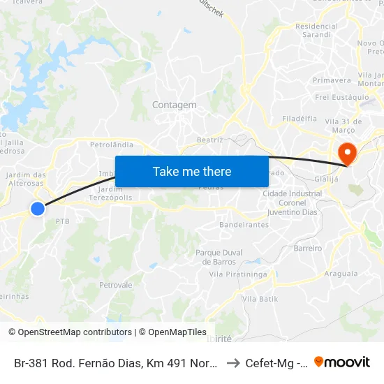 Br-381 Rod. Fernão Dias, Km 491 Norte | Trevo Do Contorno De Betim to Cefet-Mg - Campus II map
