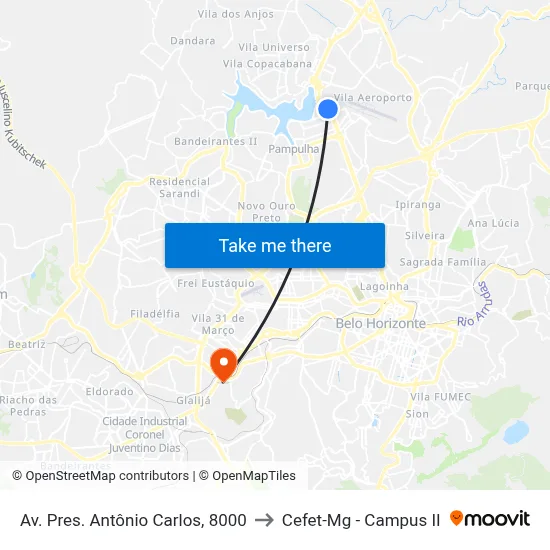 Av. Pres. Antônio Carlos, 8000 to Cefet-Mg - Campus II map