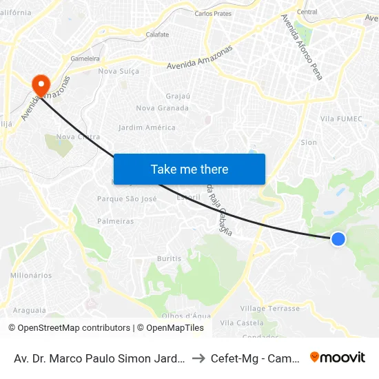 Av. Dr. Marco Paulo Simon Jardim, 980 to Cefet-Mg - Campus II map