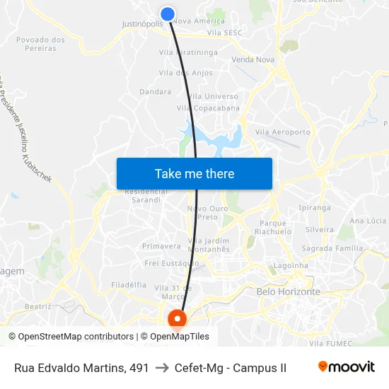 Rua Edvaldo Martins, 491 to Cefet-Mg - Campus II map
