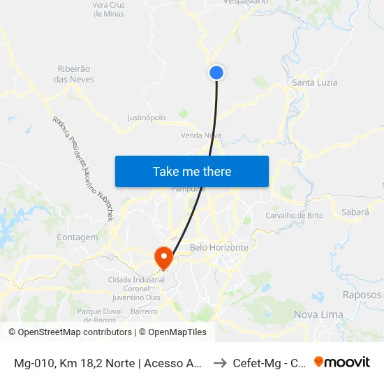 Mg-010, Km 18,2 Norte | Acesso Ao Bairro Santa Clara to Cefet-Mg - Campus II map