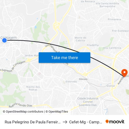 Rua Pelegrino De Paula Ferreira, 67 to Cefet-Mg - Campus II map