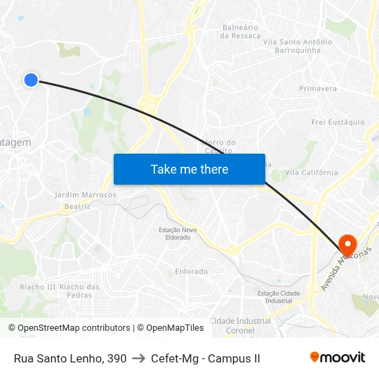 Rua Santo Lenho, 390 to Cefet-Mg - Campus II map