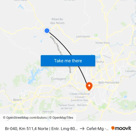 Br-040, Km 511,4 Norte | Entr. Lmg-806, Sentido Ribeirão Das Neves to Cefet-Mg - Campus II map
