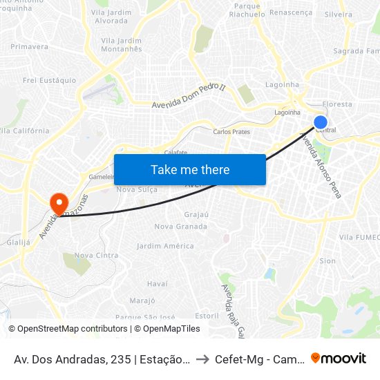 Av. Dos Andradas, 235 | Estação Central 2 to Cefet-Mg - Campus II map