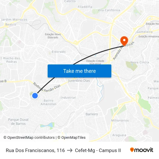 Rua Dos Franciscanos, 116 to Cefet-Mg - Campus II map