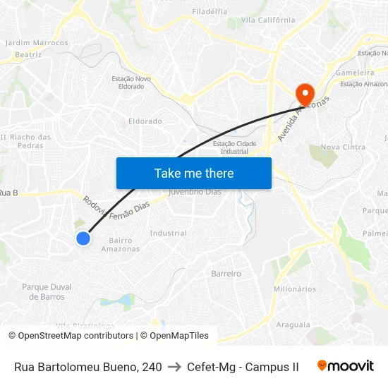Rua Bartolomeu Bueno, 240 to Cefet-Mg - Campus II map