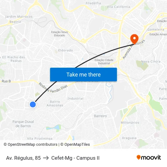 Av. Régulus, 85 to Cefet-Mg - Campus II map