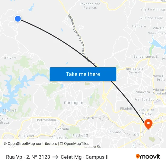 Rua Vp - 2, Nº 3123 to Cefet-Mg - Campus II map