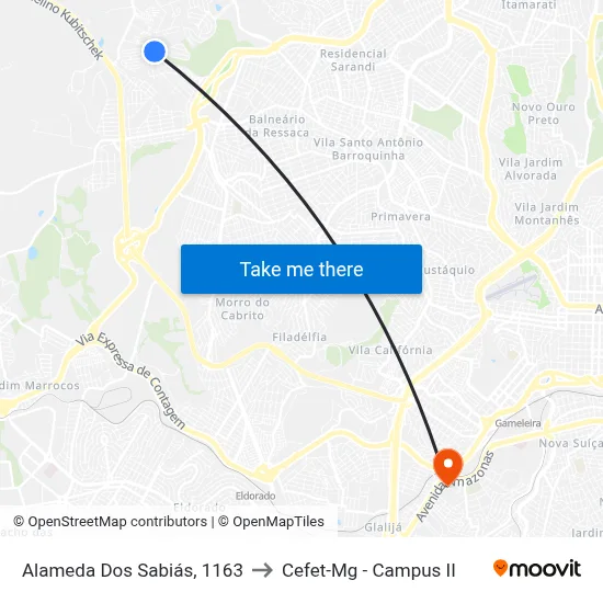 Alameda Dos Sabiás, 1163 to Cefet-Mg - Campus II map