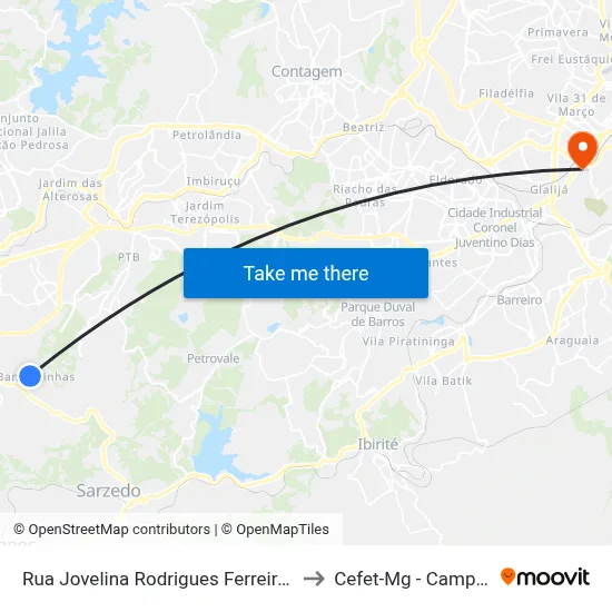Rua Jovelina Rodrigues Ferreira, 219 to Cefet-Mg - Campus II map