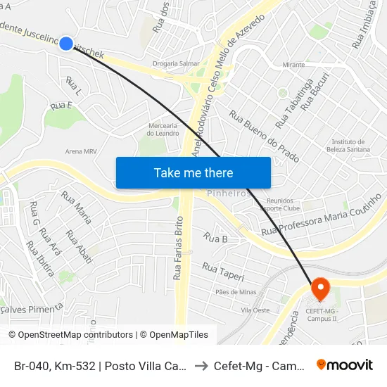 Br-040, Km-532 | Posto Villa Califórnia to Cefet-Mg - Campus II map