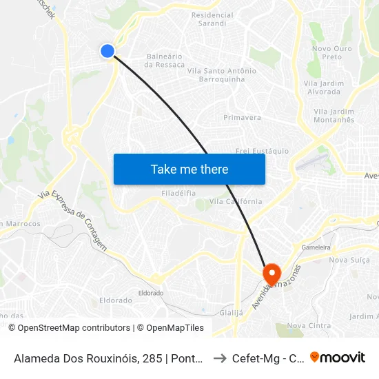 Alameda Dos Rouxinóis, 285 | Ponto Final Da Linha 2250 to Cefet-Mg - Campus II map