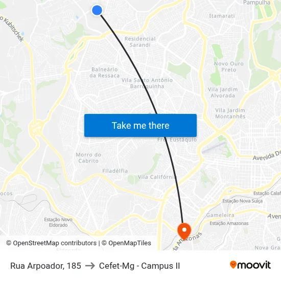 Rua Arpoador, 185 to Cefet-Mg - Campus II map