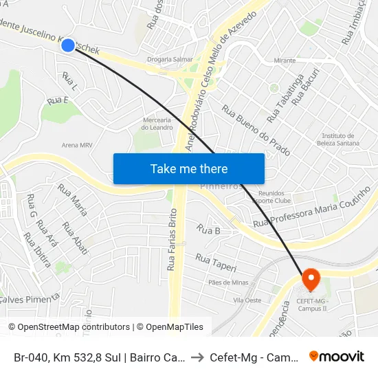 Br-040, Km 532,8 Sul | Bairro Califórnia to Cefet-Mg - Campus II map