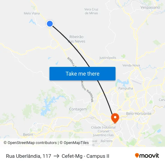 Rua Uberlândia, 117 to Cefet-Mg - Campus II map