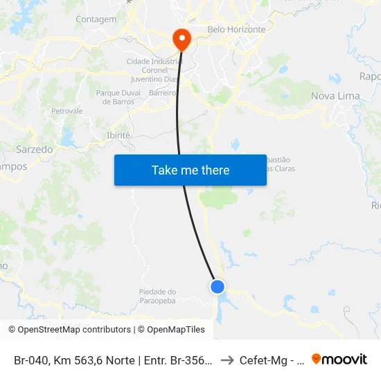 Br-040, Km 563,6 Norte | Entr. Br-356 Para Alphaville/Ouro Preto to Cefet-Mg - Campus II map