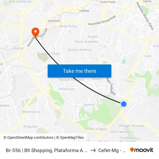 Br-356 | Bh Shopping, Plataforma A (Linhas Metropolitanas) to Cefet-Mg - Campus II map