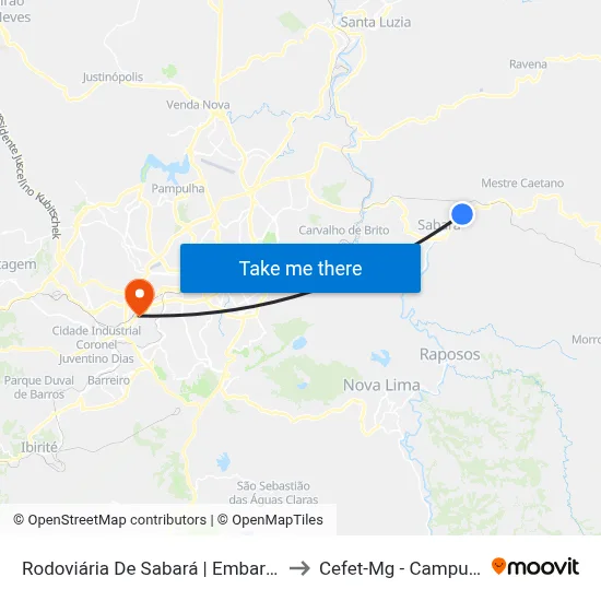 Rodoviária De Sabará | Embarque to Cefet-Mg - Campus II map