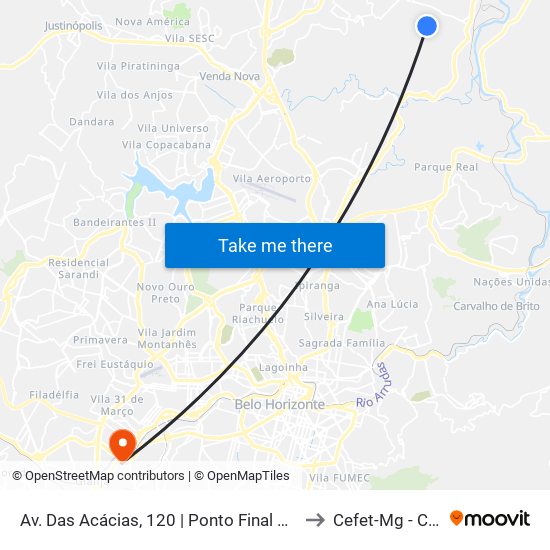 Av. Das Acácias, 120 | Ponto Final Do Vale Das Acácias to Cefet-Mg - Campus II map